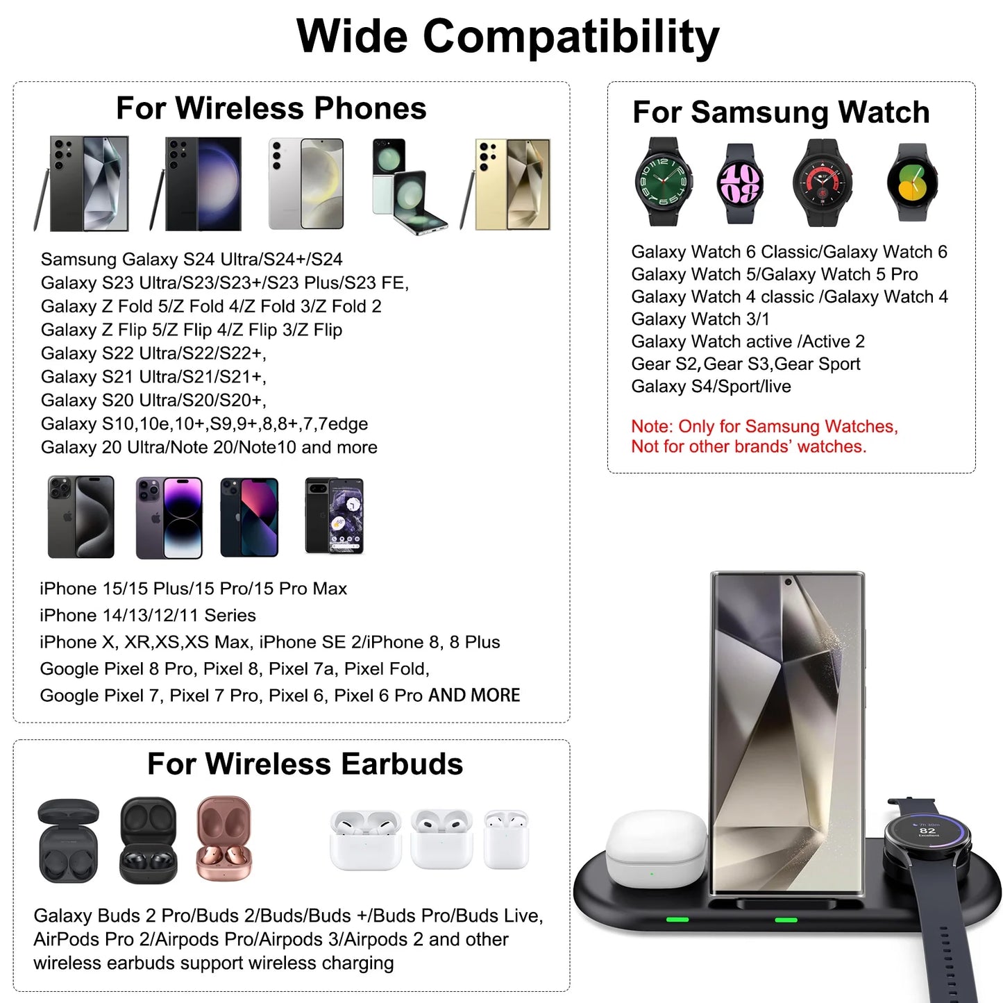 Wireless Charging Station Compatible with Samsung Galaxy S24 Ultra, S24+, S24, S23 Ultra, and S23 FE